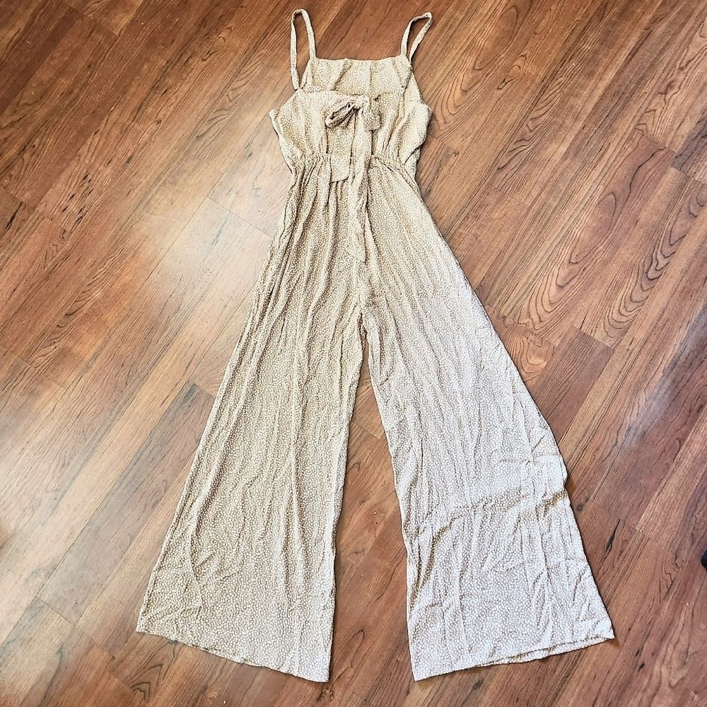 Audrey Tan & White Strappy Wide Leg Jumpsuit w Tie Back, Medium